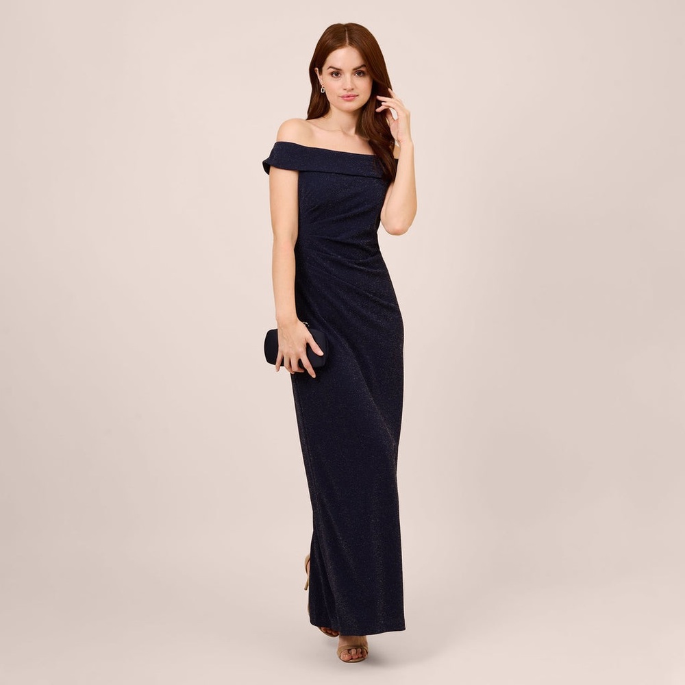 ADRIANNA PAPELL OFF THE SHOULDER RUCHED METALLIC KNIT LONG COLUMN GOWN